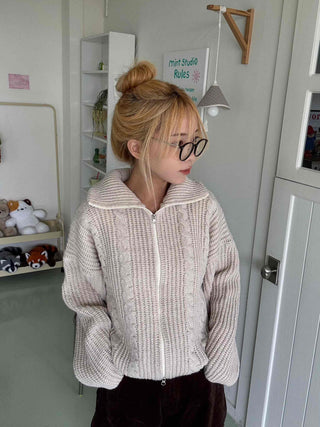 Cable Knit Crop Hooded Zip-Up Cardigan