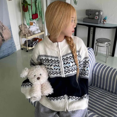 Nordic Fair Isle Color Block Knit Zip-up