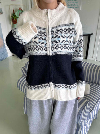 Nordic Fair Isle Color Block Knit Zip-up