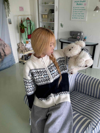 Nordic Fair Isle Color Block Knit Zip-up