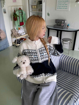 Nordic Fair Isle Color Block Knit Zip-up
