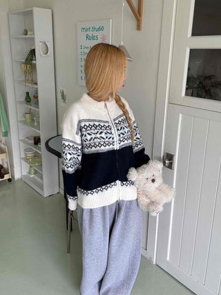 Nordic Fair Isle Color Block Knit Zip-up