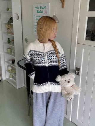 Nordic Fair Isle Color Block Knit Zip-up