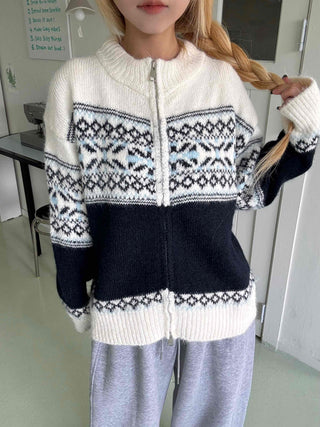Nordic Fair Isle Color Block Knit Zip-up