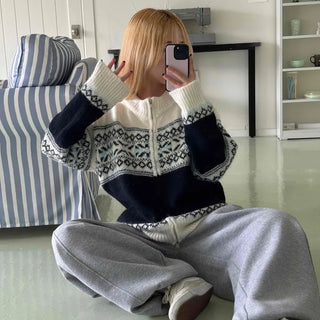 Nordic Fair Isle Color Block Knit Zip-up