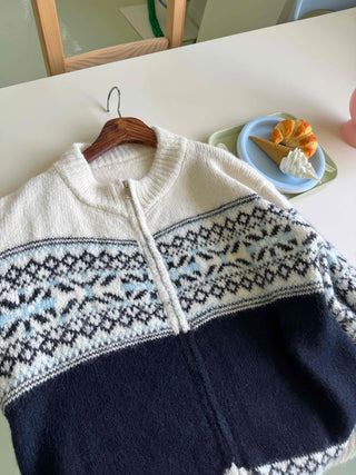 Nordic Fair Isle Color Block Knit Zip-up