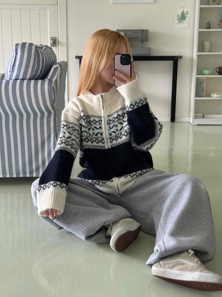 Nordic Fair Isle Color Block Knit Zip-up