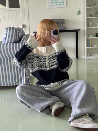 Nordic Fair Isle Color Block Knit Zip-up