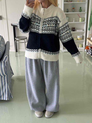 Nordic Fair Isle Color Block Knit Zip-up