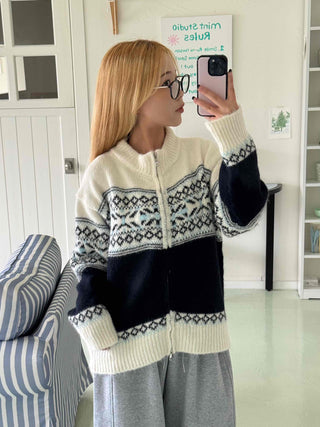 Nordic Fair Isle Color Block Knit Zip-up