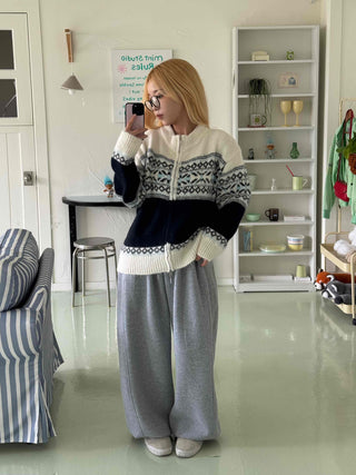 Nordic Fair Isle Color Block Knit Zip-up
