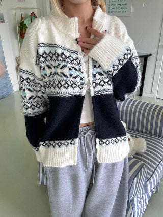 Nordic Fair Isle Color Block Knit Zip-up