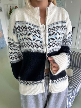Nordic Fair Isle Color Block Knit Zip-up
