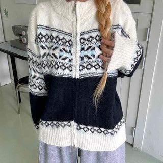 Nordic Fair Isle Color Block Knit Zip-up