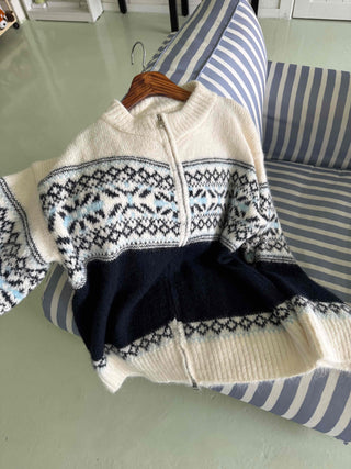Nordic Fair Isle Color Block Knit Zip-up