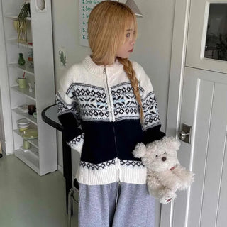 Nordic Fair Isle Color Block Knit Zip-up