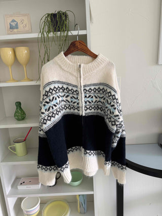 Nordic Fair Isle Color Block Knit Zip-up
