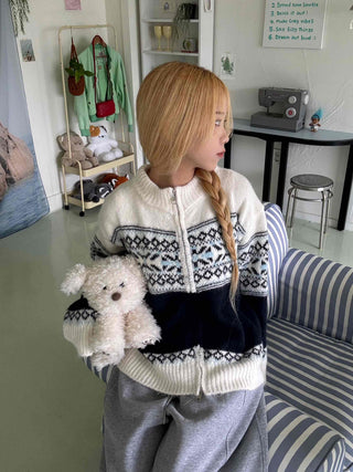 Nordic Fair Isle Color Block Knit Zip-up