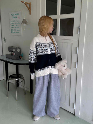 Nordic Fair Isle Color Block Knit Zip-up