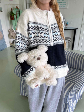 Nordic Fair Isle Color Block Knit Zip-up