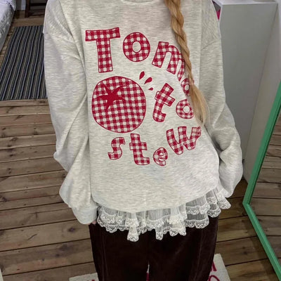 Check Fabric Lettering Applique Lace Melange Sweatshirt
