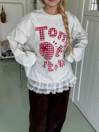Check Fabric Lettering Applique Lace Melange Sweatshirt
