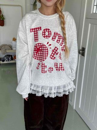 Check Fabric Lettering Applique Lace Melange Sweatshirt