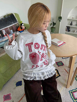 Check Fabric Lettering Applique Lace Melange Sweatshirt
