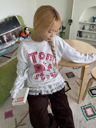 Check Fabric Lettering Applique Lace Melange Sweatshirt