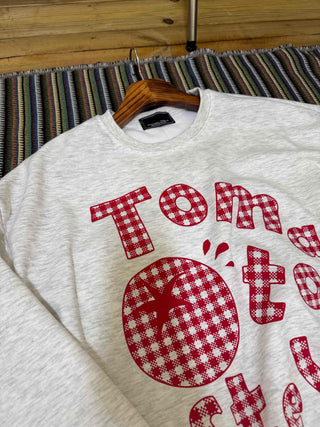 Check Fabric Lettering Applique Lace Melange Sweatshirt