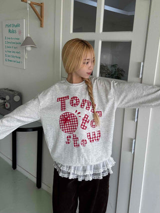 Check Fabric Lettering Applique Lace Melange Sweatshirt