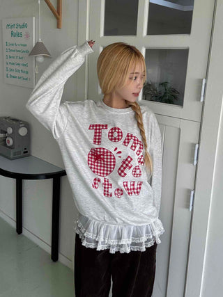 Check Fabric Lettering Applique Lace Melange Sweatshirt