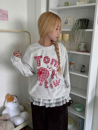 Check Fabric Lettering Applique Lace Melange Sweatshirt