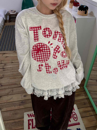 Check Fabric Lettering Applique Lace Melange Sweatshirt