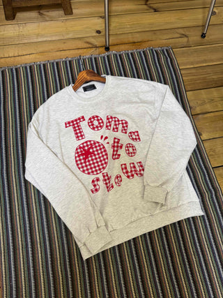 Check Fabric Lettering Applique Lace Melange Sweatshirt