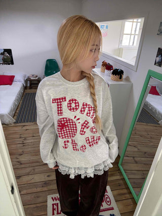 Check Fabric Lettering Applique Lace Melange Sweatshirt