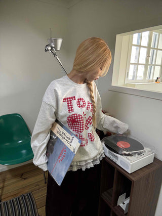 Check Fabric Lettering Applique Lace Melange Sweatshirt