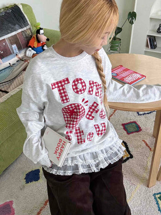 Check Fabric Lettering Applique Lace Melange Sweatshirt
