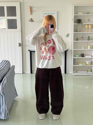Check Fabric Lettering Applique Lace Melange Sweatshirt
