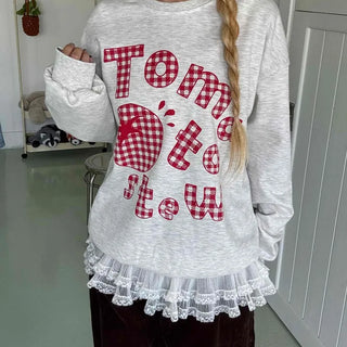 Check Fabric Lettering Applique Lace Melange Sweatshirt