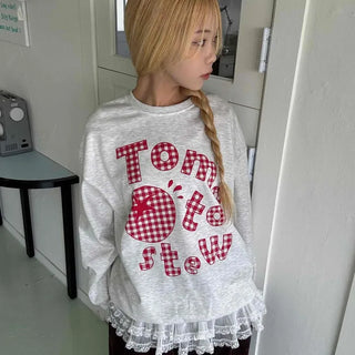 Check Fabric Lettering Applique Lace Melange Sweatshirt