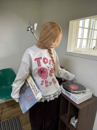 Check Fabric Lettering Applique Lace Melange Sweatshirt