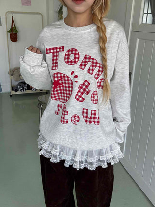 Check Fabric Lettering Applique Lace Melange Sweatshirt