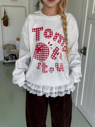 Check Fabric Lettering Applique Lace Melange Sweatshirt