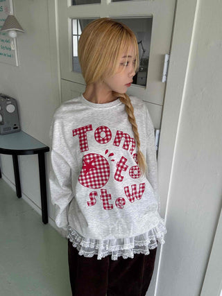 Check Fabric Lettering Applique Lace Melange Sweatshirt