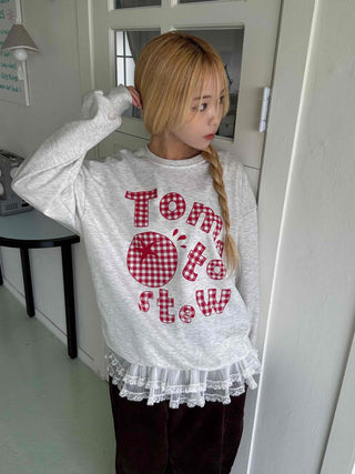 Check Fabric Lettering Applique Lace Melange Sweatshirt