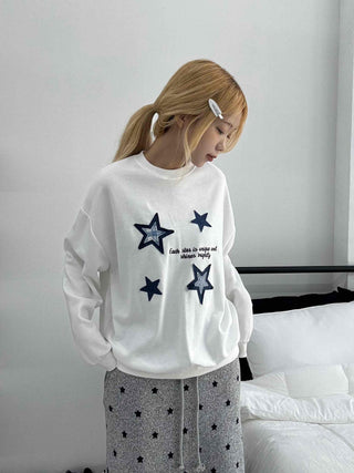 Star Print Oversized Round Neck Sweatshirt