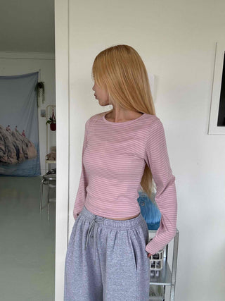 Daily Stretchy Striped Slim Fit Round Long Sleeve Tee