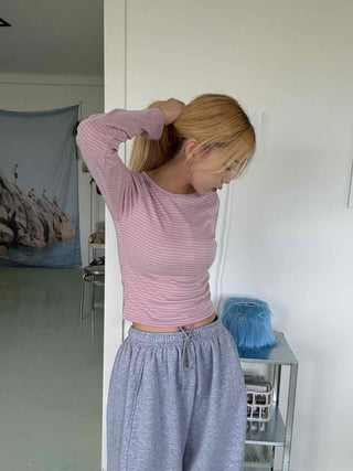 Daily Stretchy Striped Slim Fit Round Long Sleeve Tee