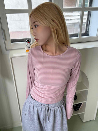 Daily Stretchy Striped Slim Fit Round Long Sleeve Tee